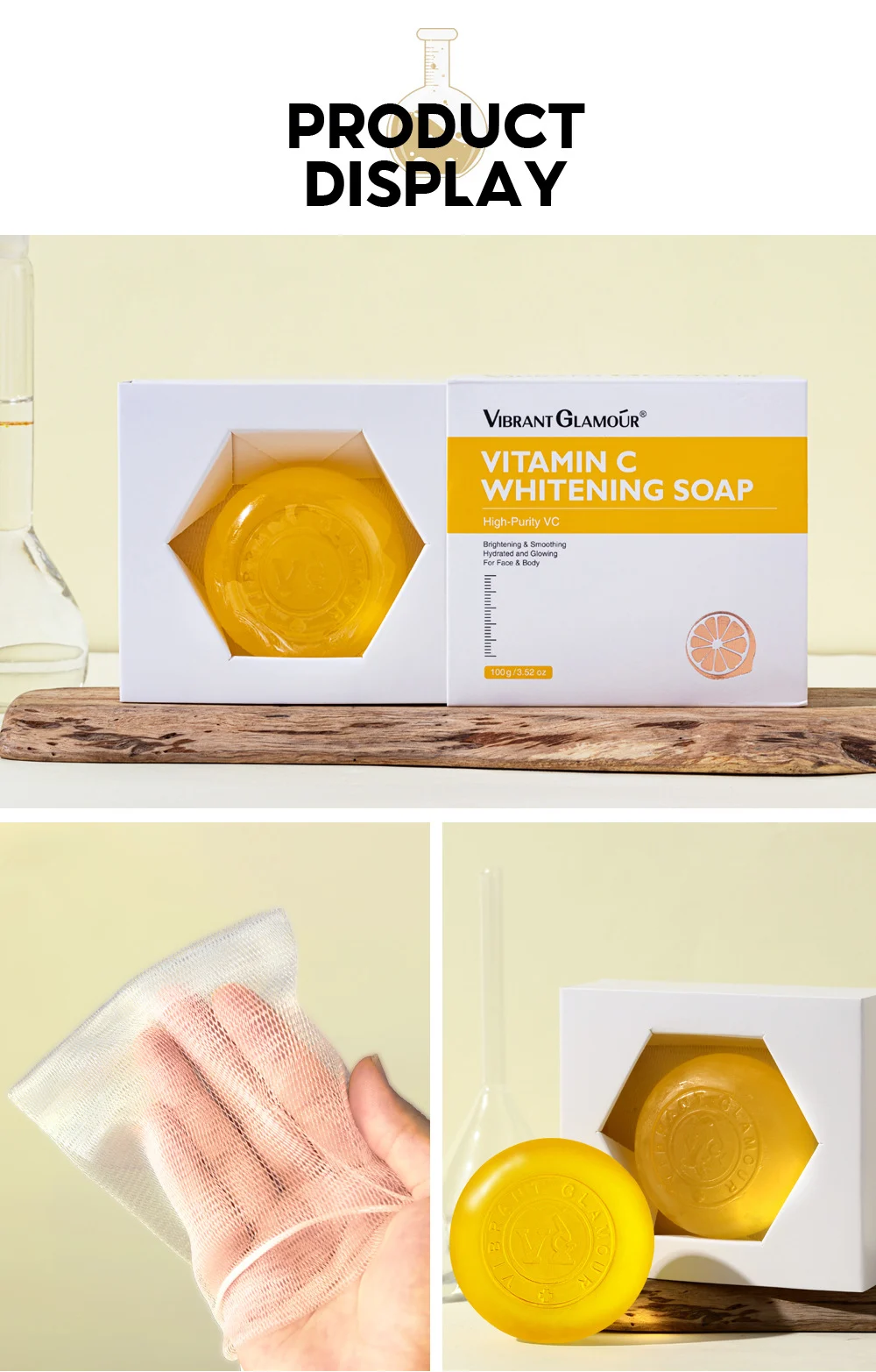 VIBRANT GLAMOUR Vitamin C Whitening Soap High-Purity VC for Face & Body 13 vitamin c soap brightening cleansing bar 100g vib sbg7knpn desc 16