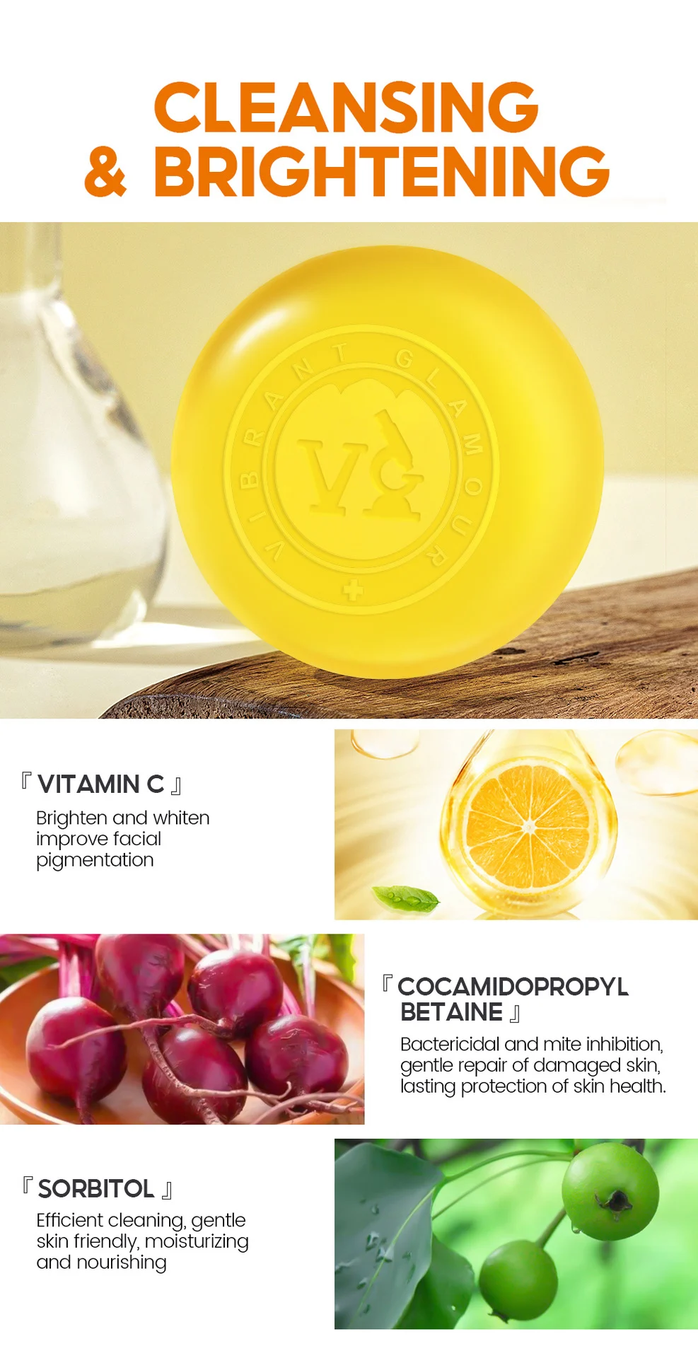 VIBRANT GLAMOUR Vitamin C Whitening Soap High-Purity VC for Face & Body 6 vitamin c soap brightening cleansing bar 100g vib sbg7knpn desc 9